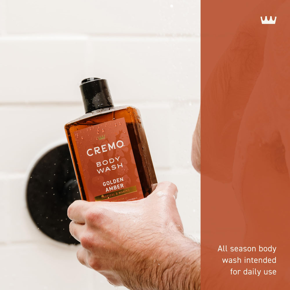 Cremo hombre, aroma-ambar-dorado, fragancia envolvente durante y después de la ducha.