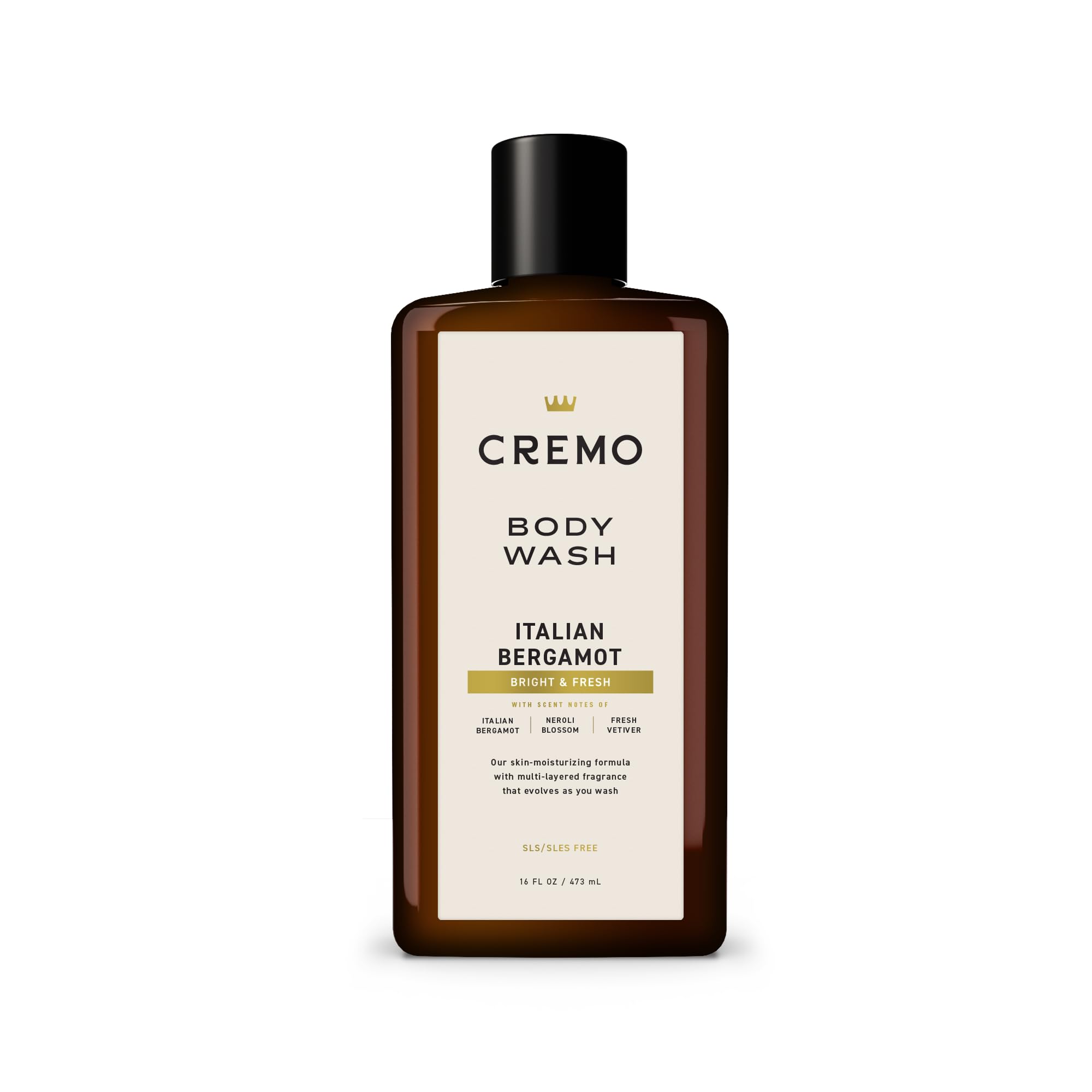 Cremo gel de ducha para hombre en botella frente al lavabo, limpieza suave