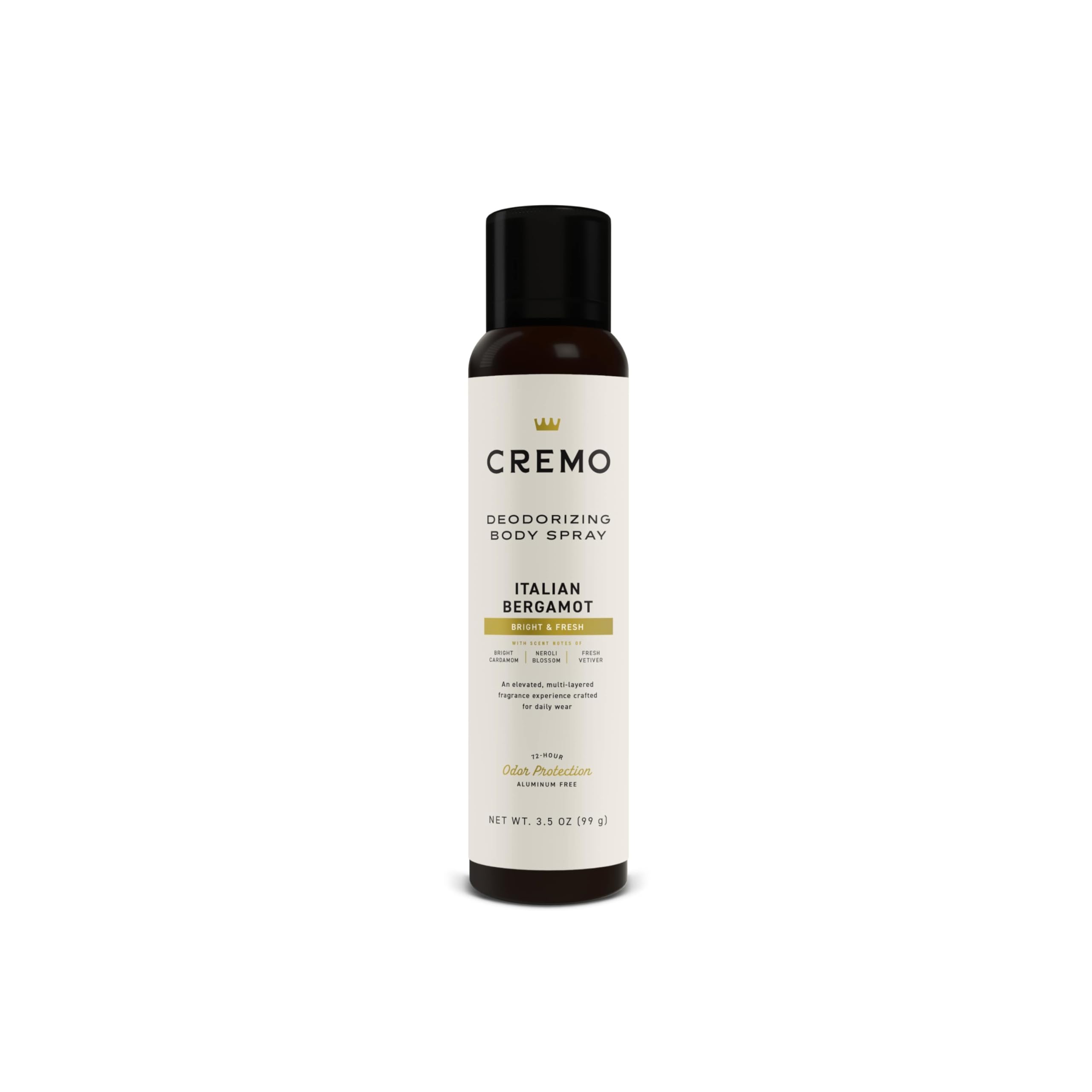Cremo Italian Bergamot Body Spray bottle shown for all-day refined freshness.