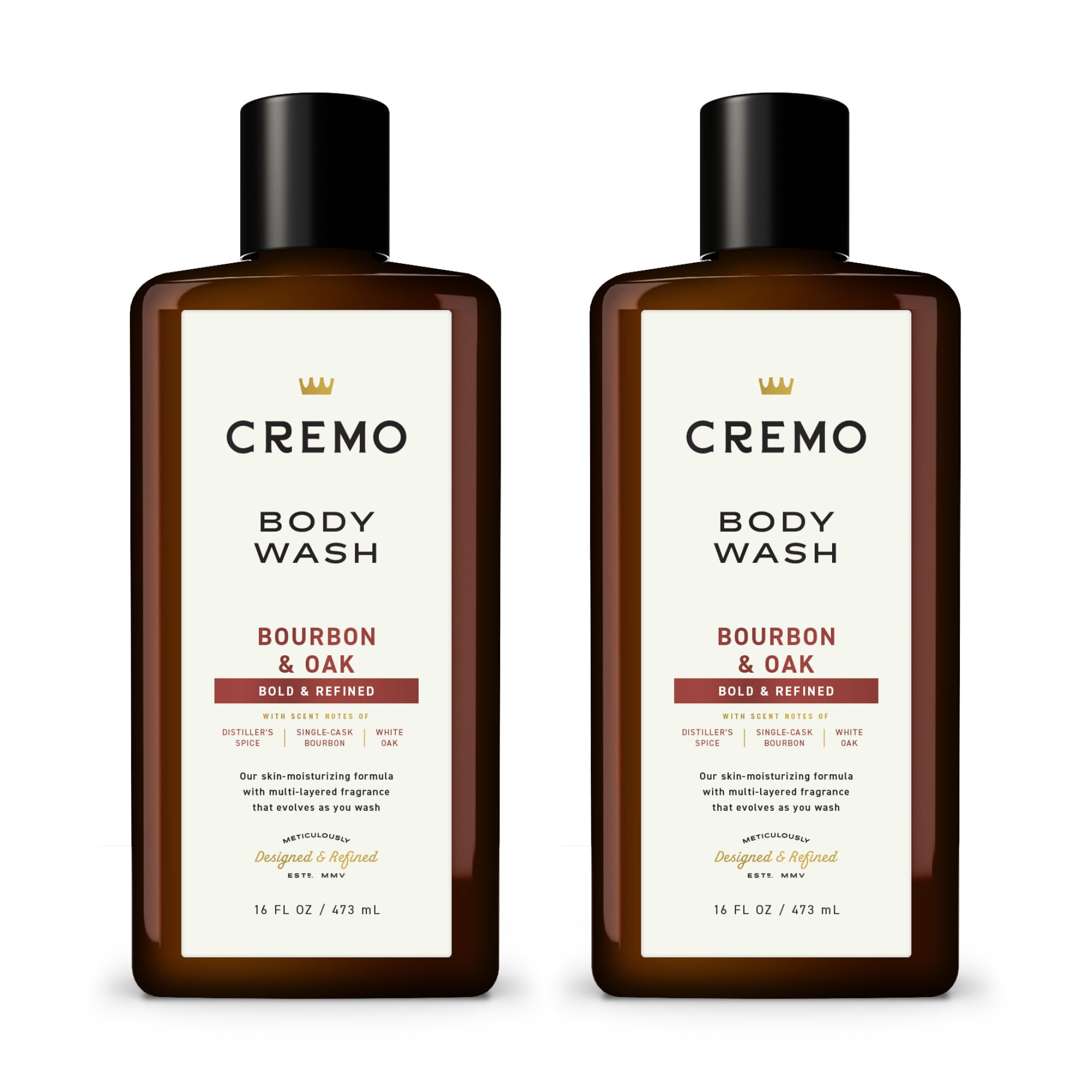 Cremo Jabon Cuerpo Bourbon y Roble: botella elegante lista para la ducha.
