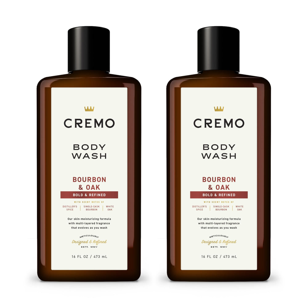 Cremo Jabon Cuerpo Bourbon y Roble: botella elegante lista para la ducha.