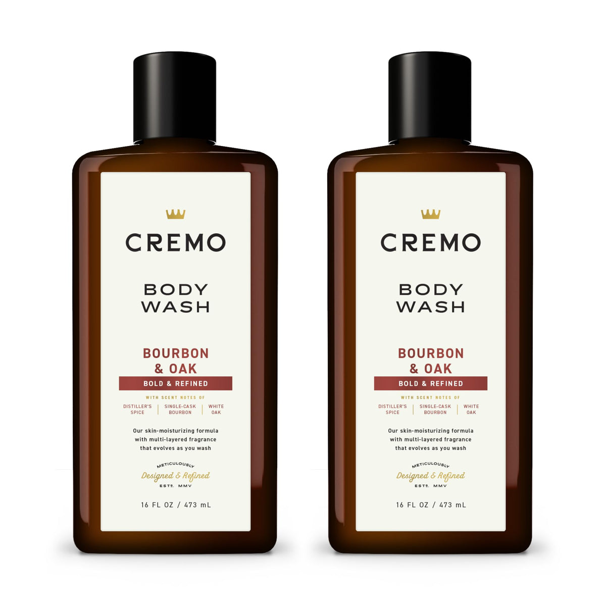 Cremo Jabon Cuerpo Bourbon y Roble: botella elegante lista para la ducha.