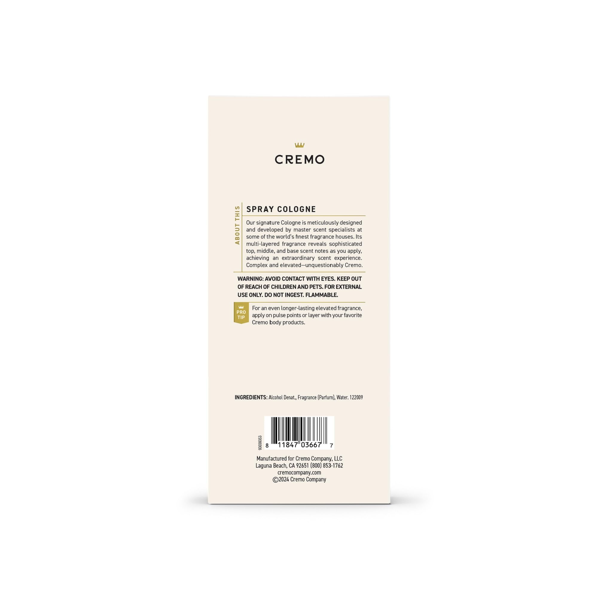 Cremo Mens Cologne bottle close-up highlights refined silhouette and luxury finish