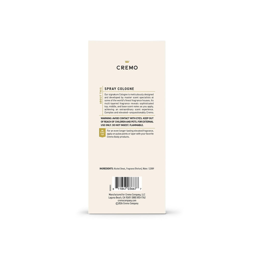Cremo Mens Cologne bottle close-up highlights refined silhouette and luxury finish
