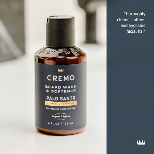 Cremo Palo Santo beard softener bottle front view emphasizing conditioning for any beard length.