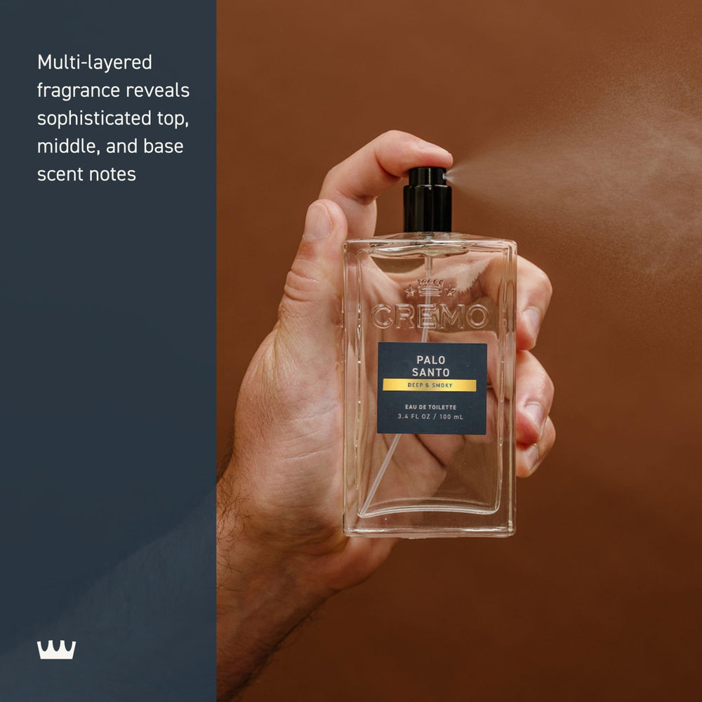 Cremo Palo Santo multi-layered fragrance reveals evolving top, middle, and base notes.
