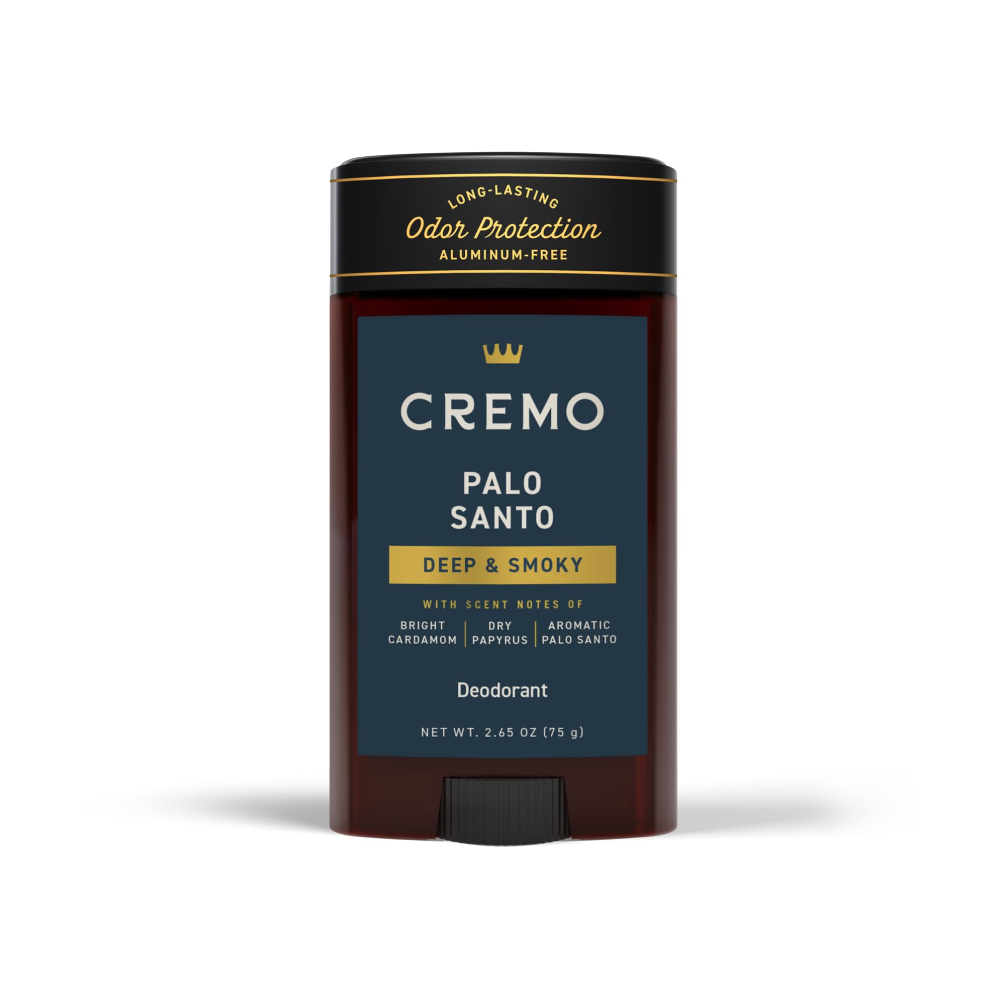 Cremo Palo Santo deodorant bottle with aluminum-free design for all-day freshness