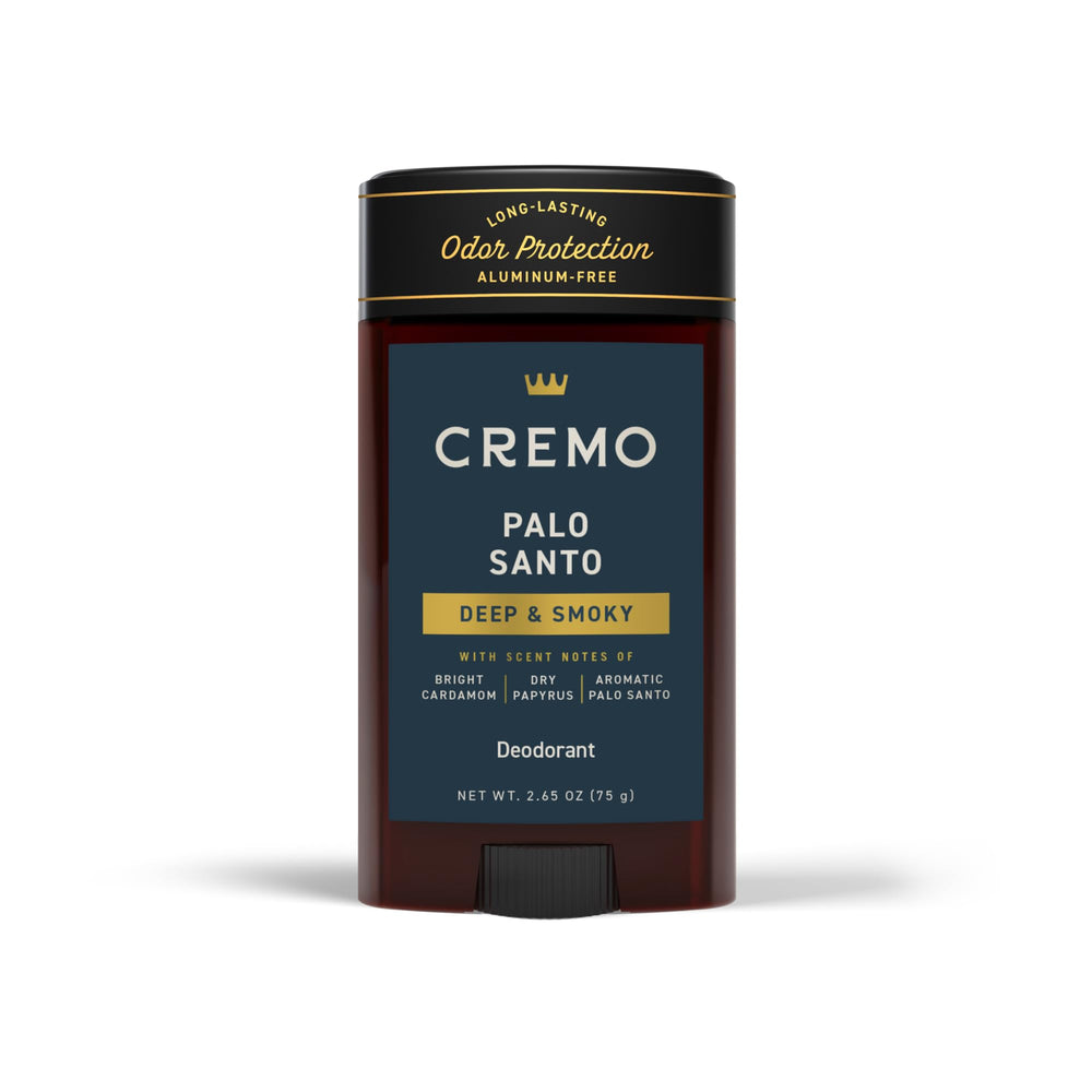Cremo Palo Santo deodorant bottle with aluminum-free design for all-day freshness