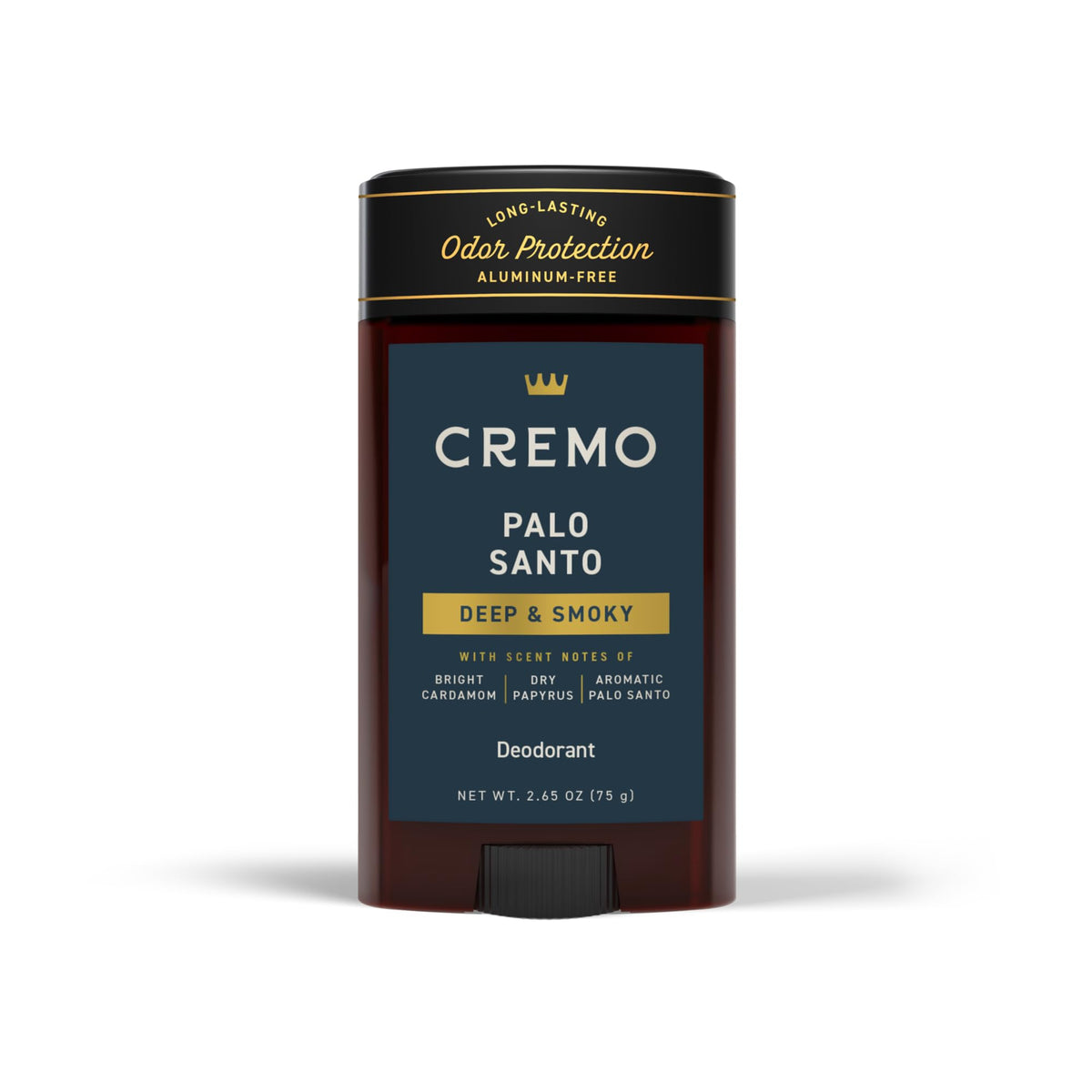 Cremo Palo Santo deodorant bottle with aluminum-free design for all-day freshness