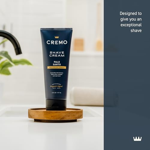 Cremo Palo Santo bottle back shows usage tips for comfortable shaving.