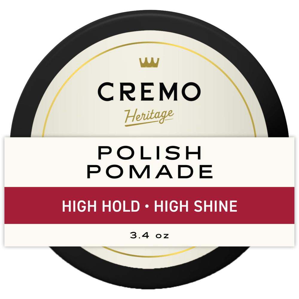 Pomada Cremo con brillo alto en envase compacto para peinados duraderos.