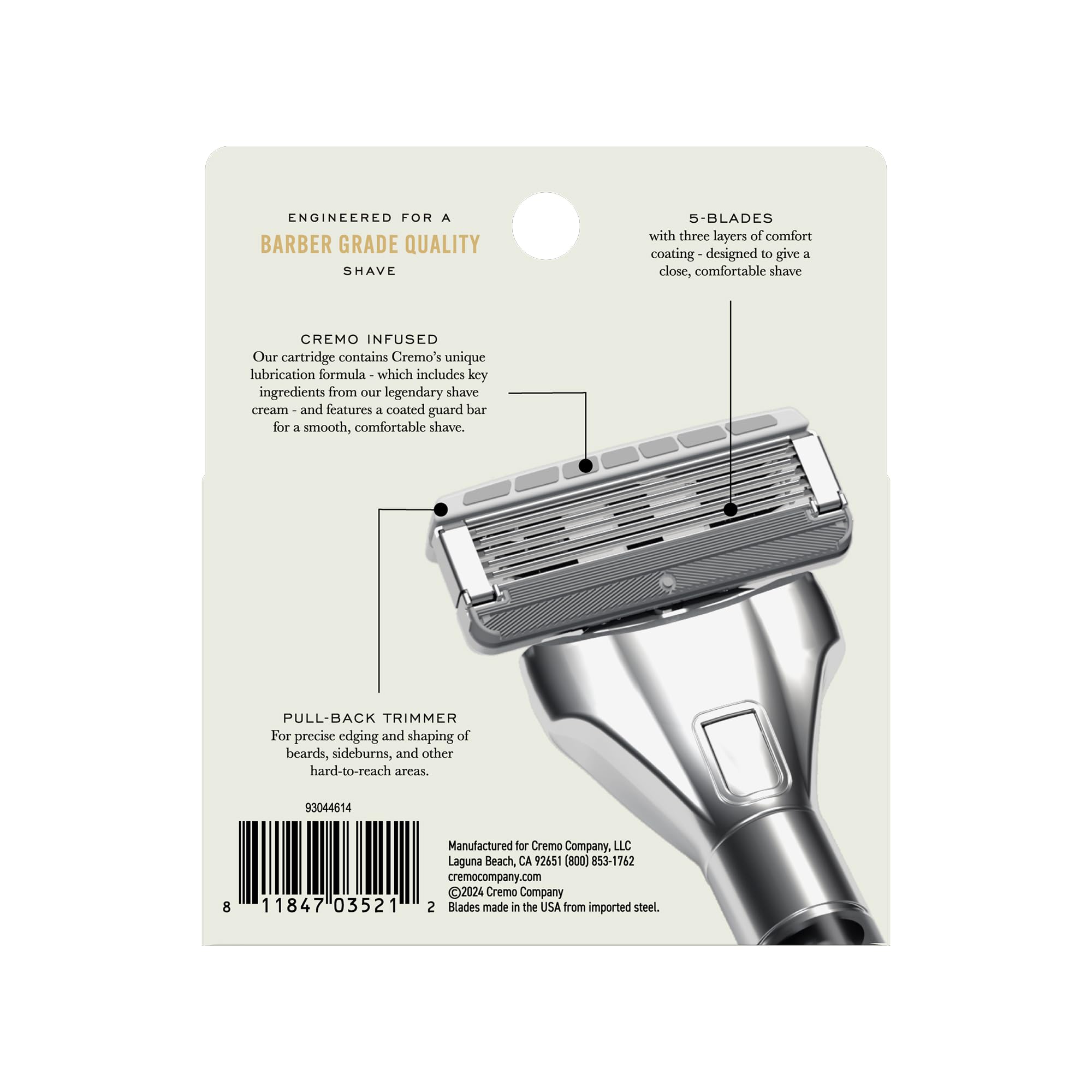 Cremo Razor Refills grooming-ritual visuals suggest a barber-grade experience at home.