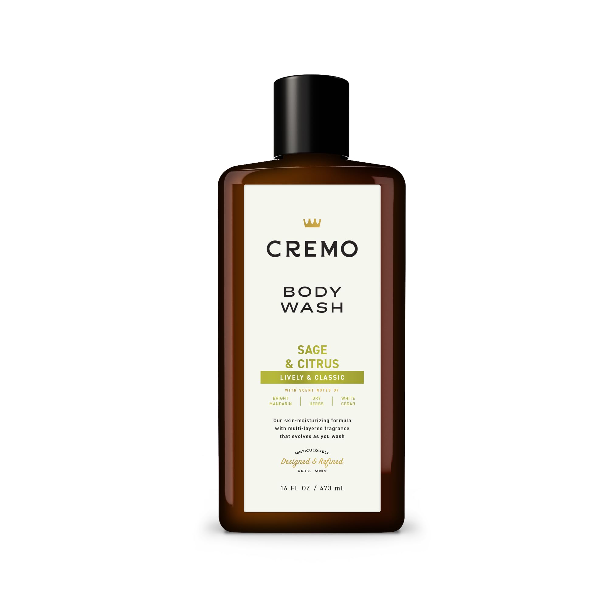 Cremo Sage and Citrus bottle pour delivers rich cleansing lather