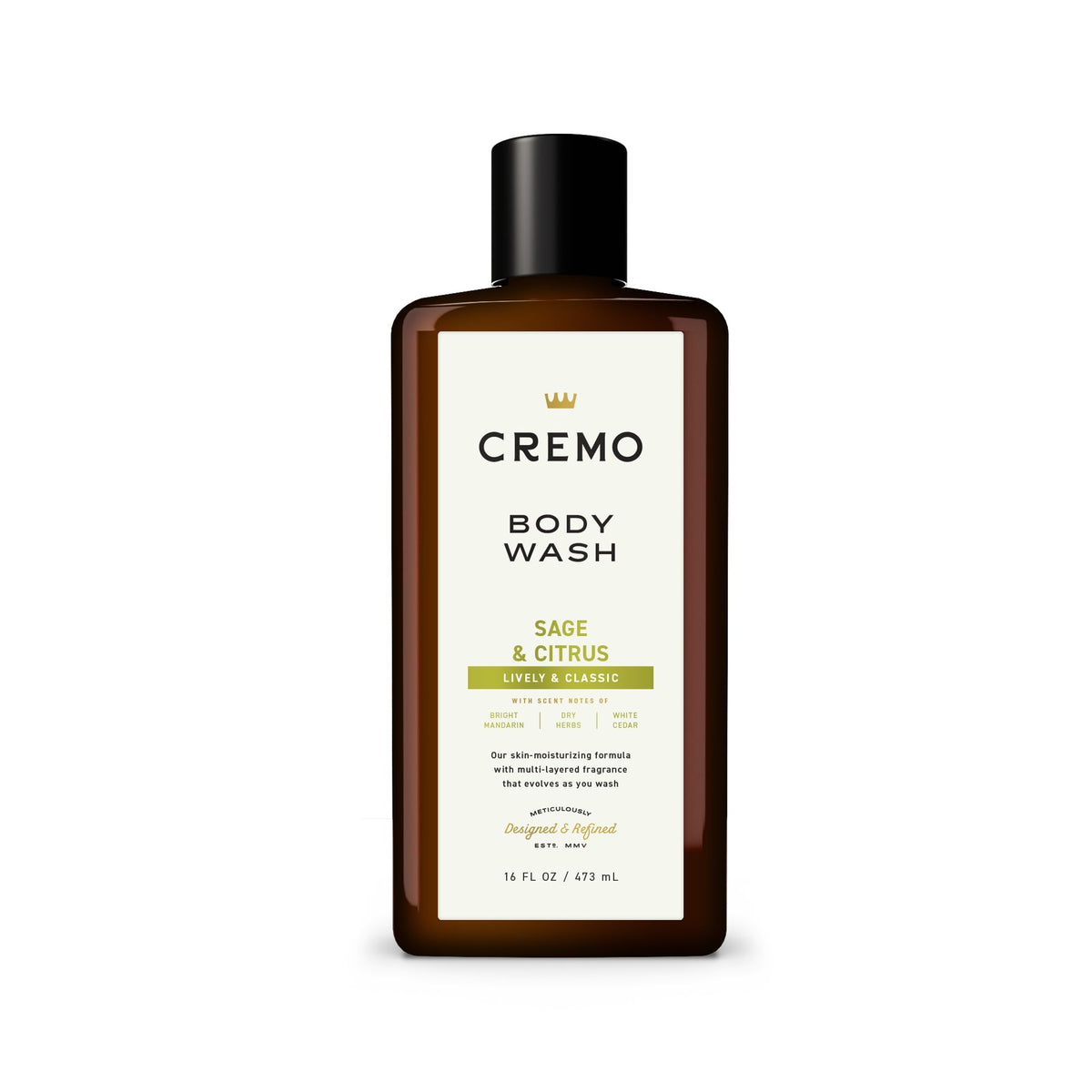 Cremo Sage and Citrus bottle pour delivers rich cleansing lather