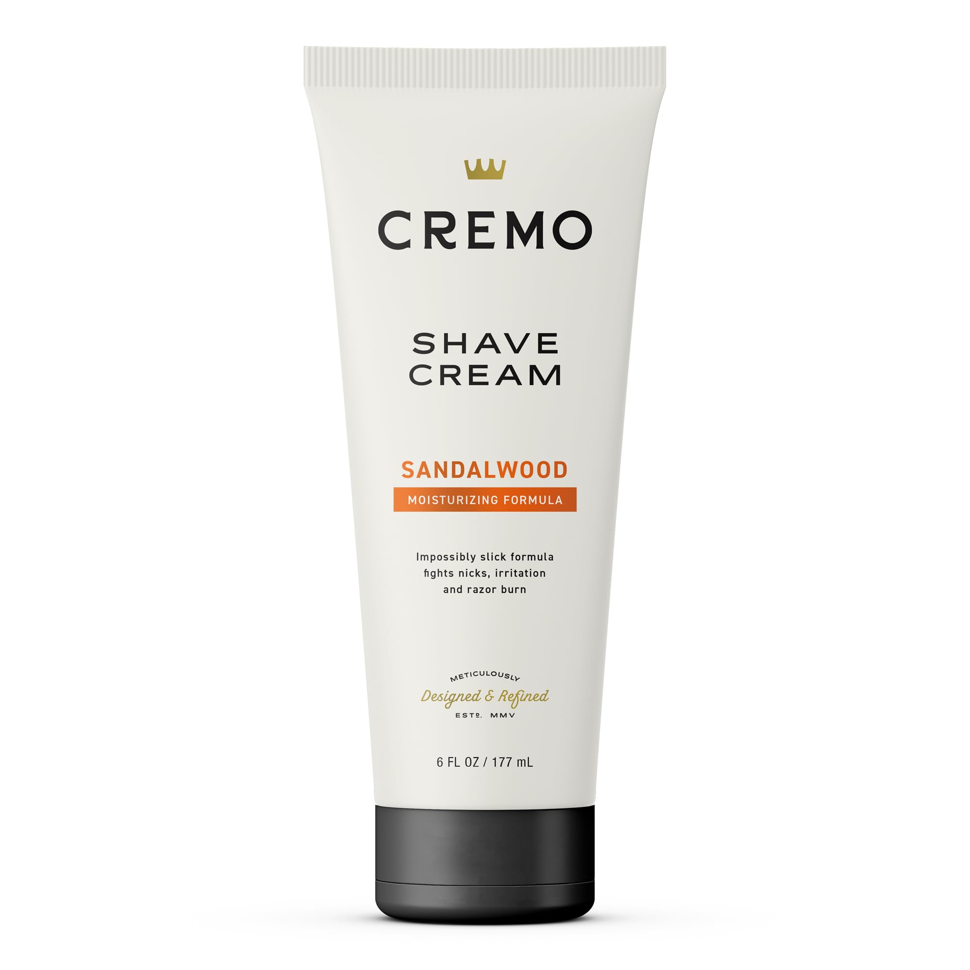 Cremo Sandalwood Shave Cream bottle offers slick glide for a close shave.