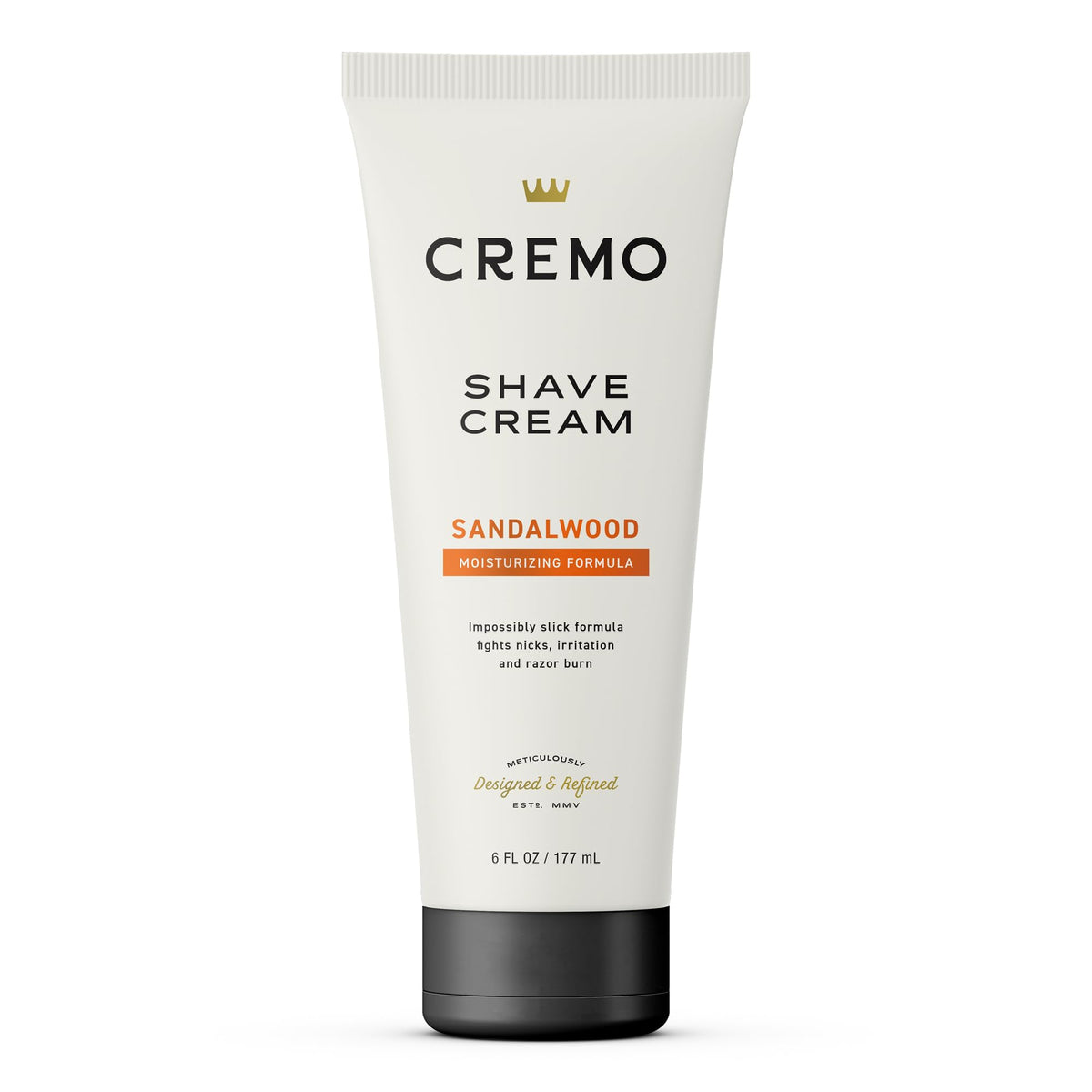 Cremo Sandalwood Shave Cream bottle offers slick glide for a close shave.
