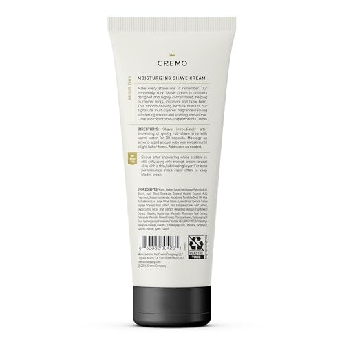 Cremo Sandalwood Shave Cream packaging box emphasizes barber-grade quality at home.