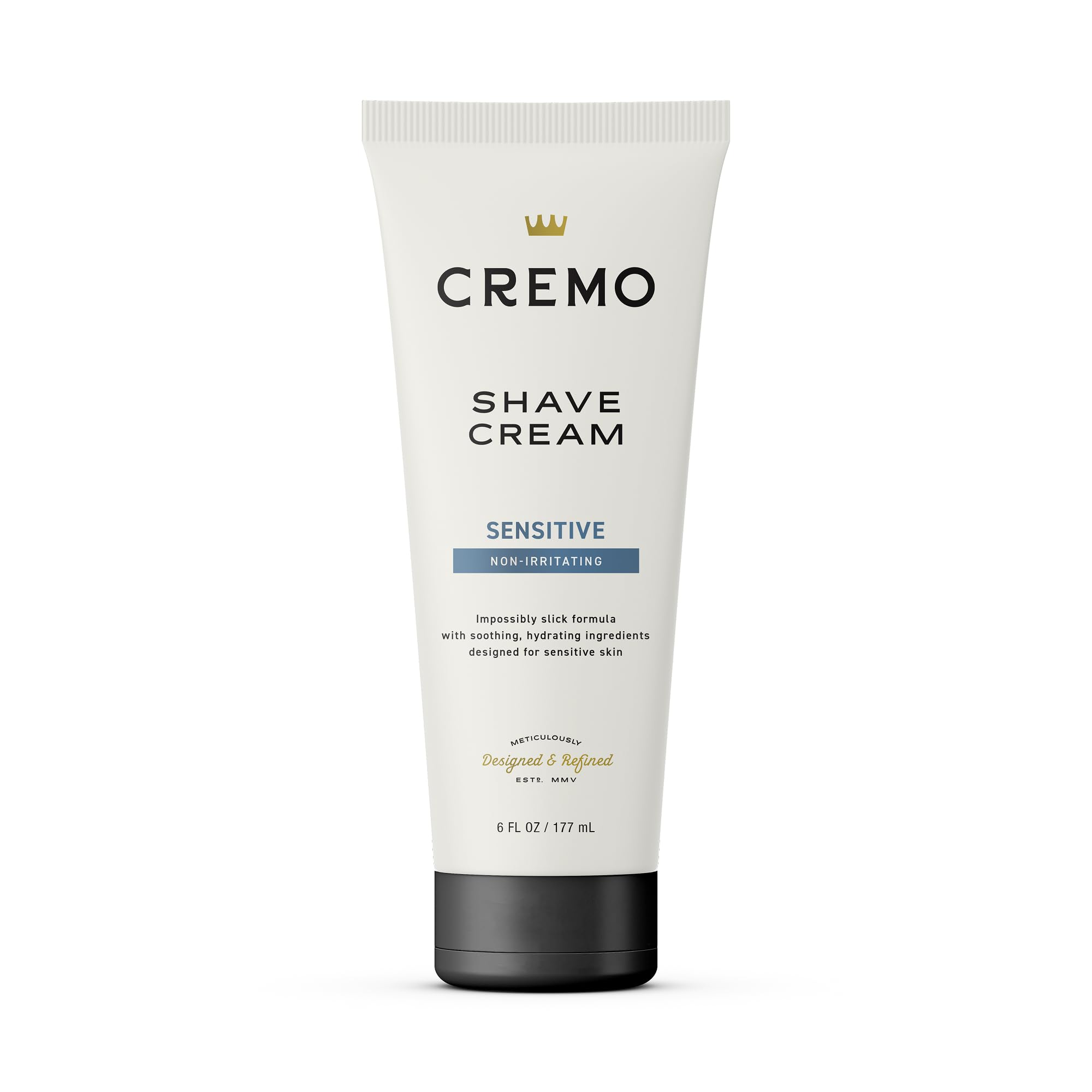 Cremo Sensitive Shave Cream bottle showing slick lather for a smooth shave.