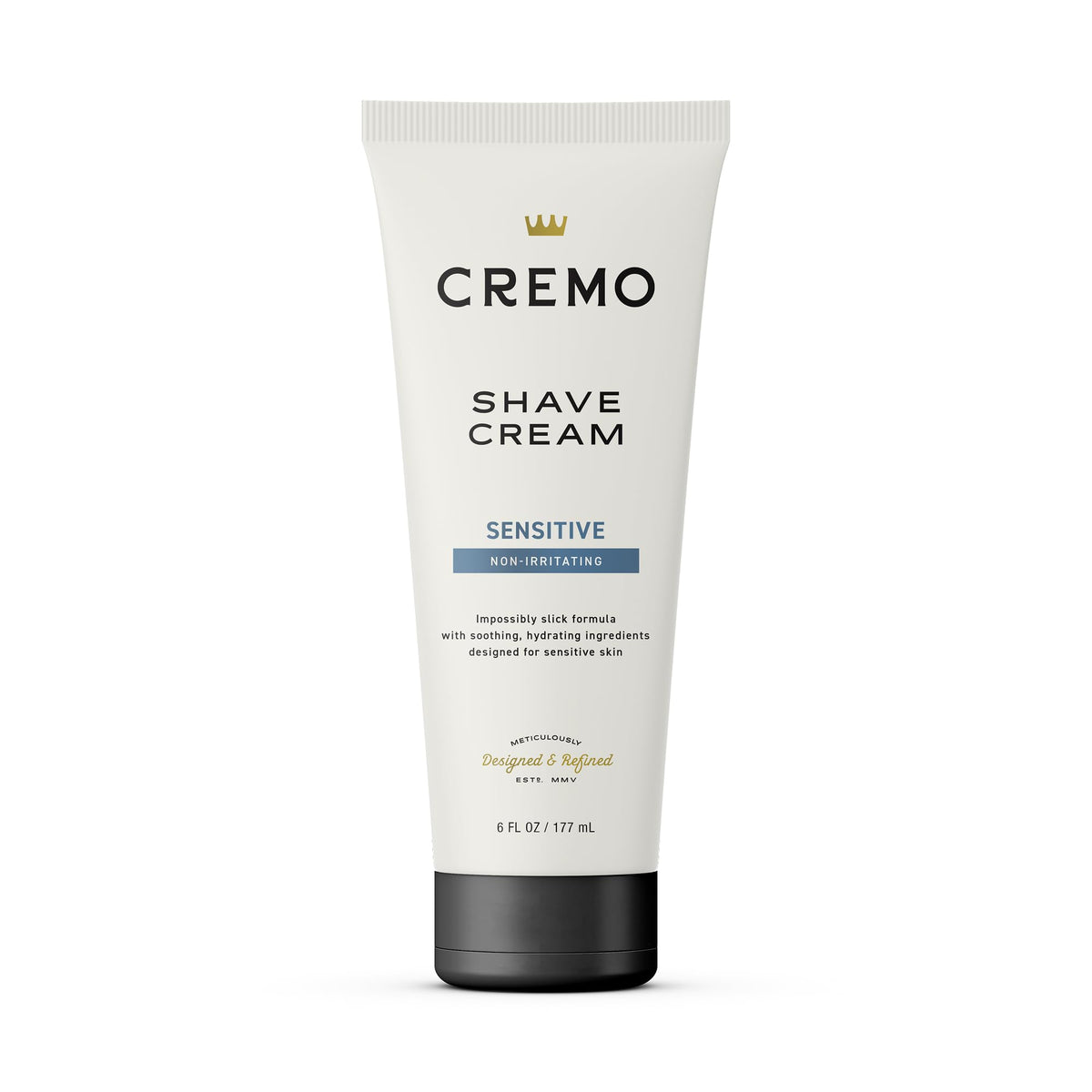 Cremo Sensitive Shave Cream bottle showing slick lather for a smooth shave.