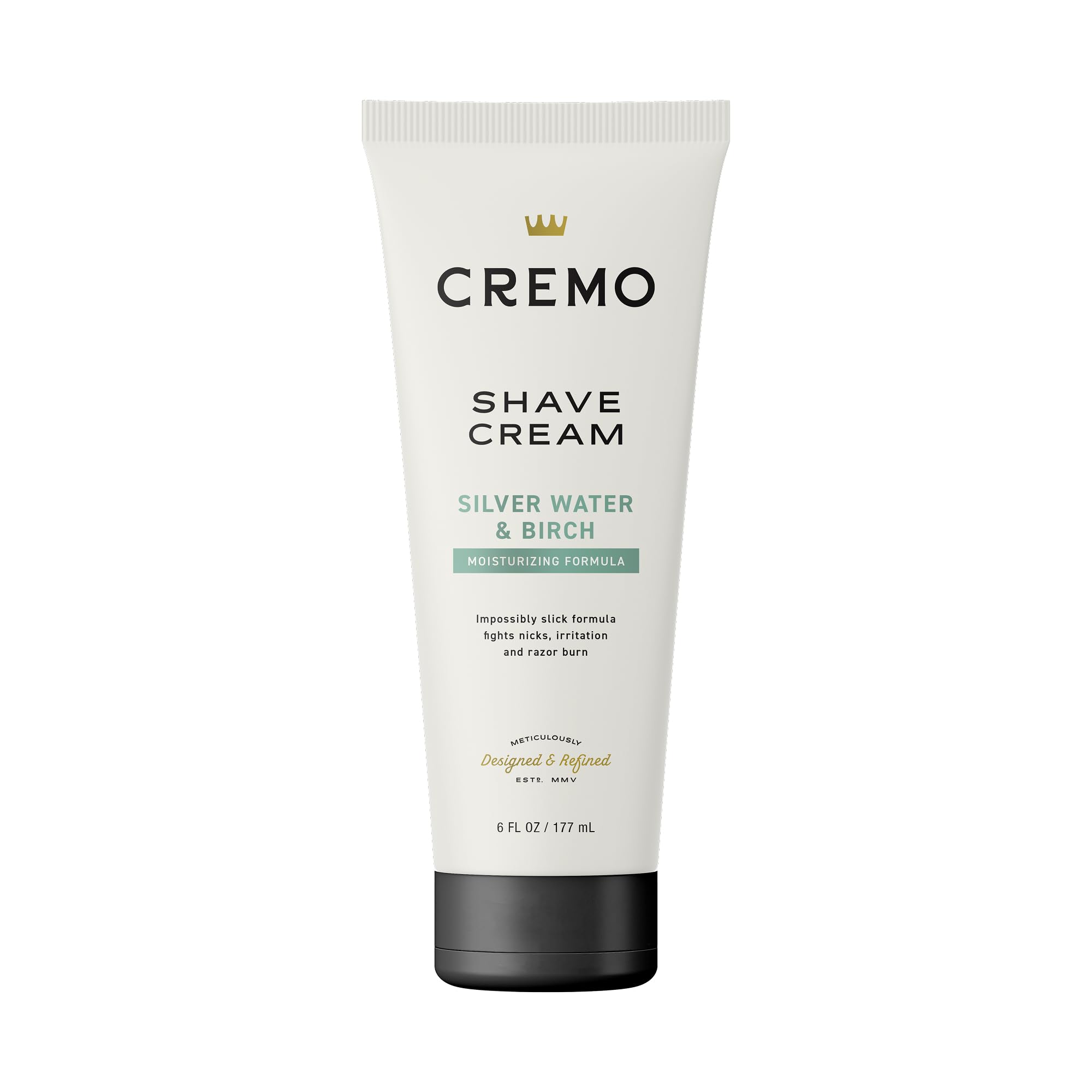 Cremo Silver Water & Birch shave cream bottle for a barber-grade, ultra-slick shave.