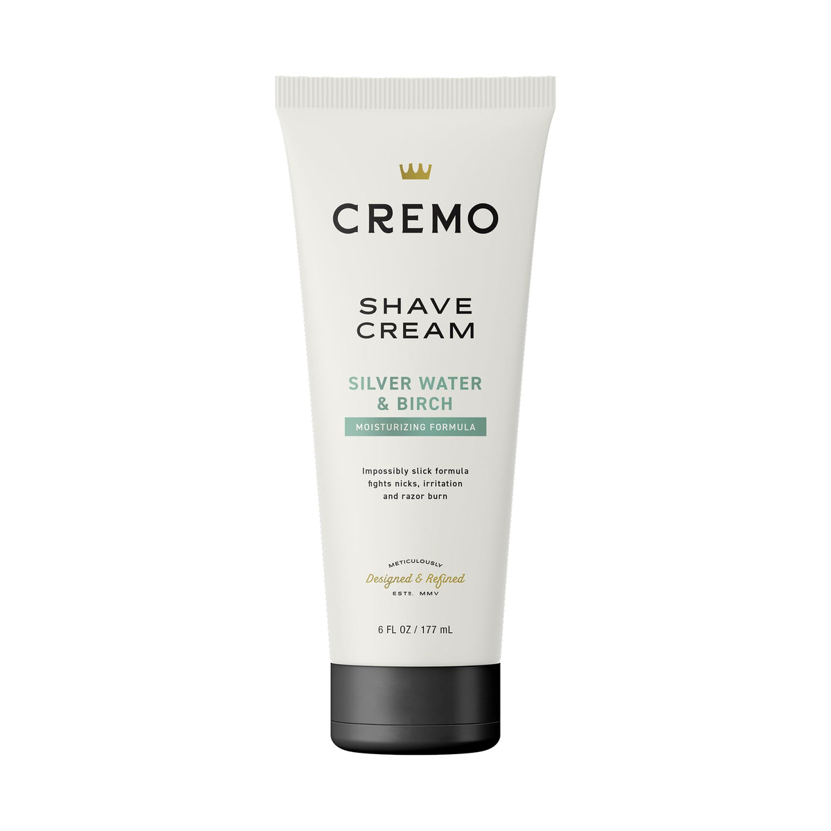 Cremo Silver Water & Birch shave cream bottle for a barber-grade, ultra-slick shave.
