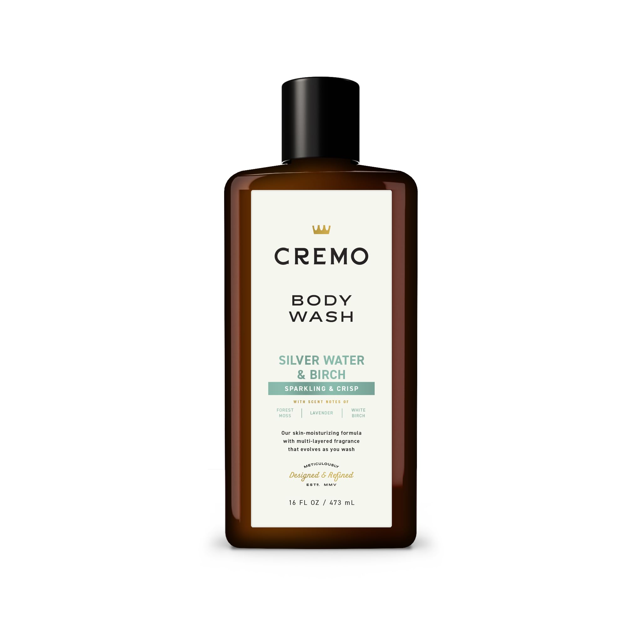 Cremo Silver Water and Birch body wash bottle on shelf for daily cleansing.