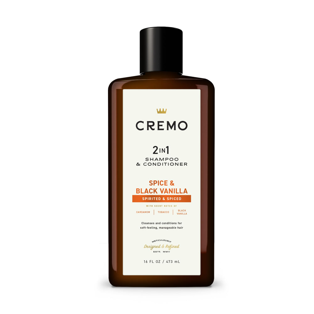 Cremo Spice & Black Vanilla bottle front showing versatile cleansing for all hair types.