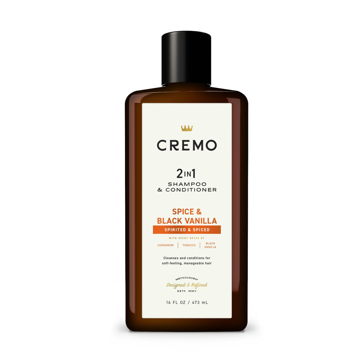 Cremo Spice & Black Vanilla bottle front showing versatile cleansing for all hair types.