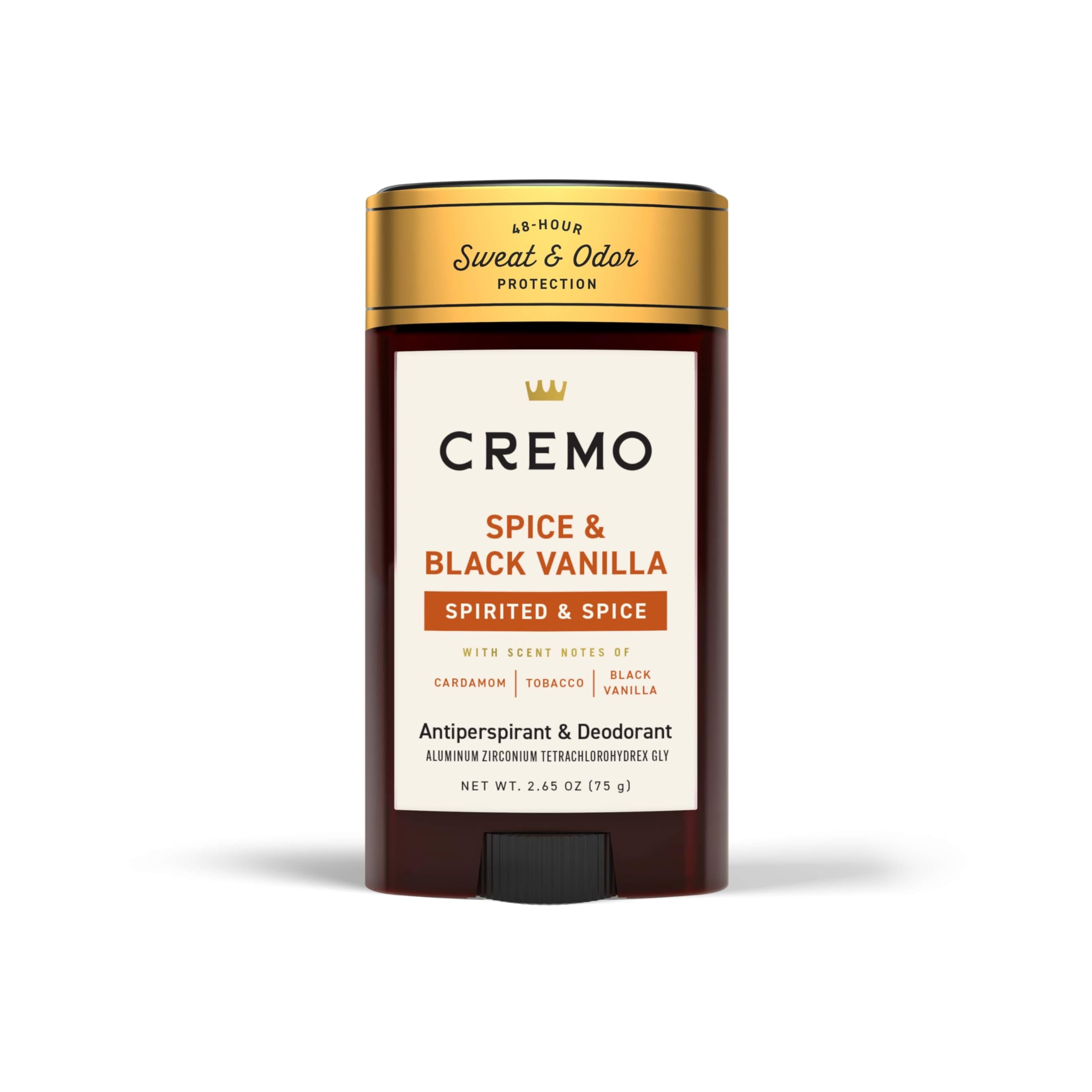 Cremo Spice & Black Vanilla desodorante para hombre, frasco elegante y protección duradera.