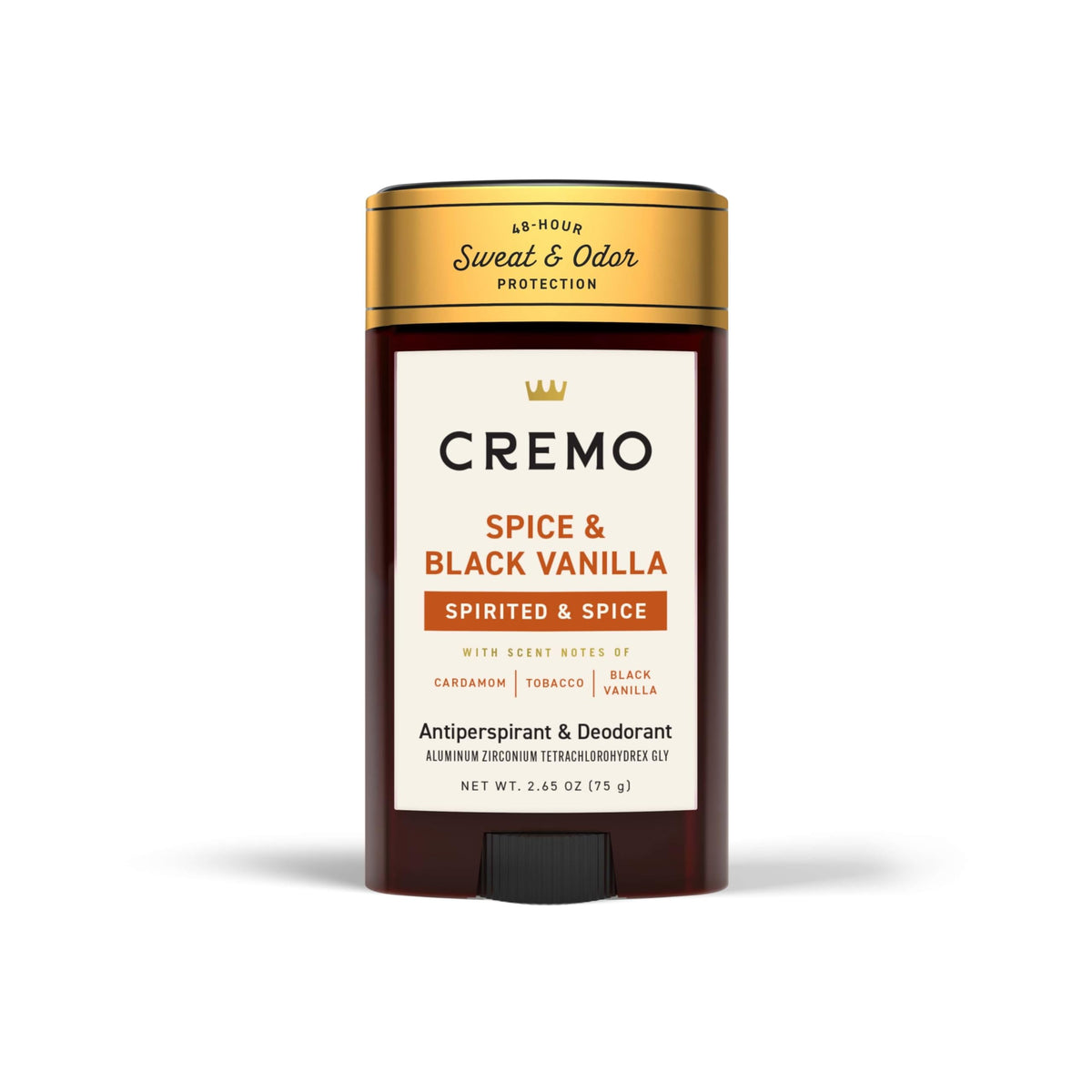 Cremo Spice & Black Vanilla desodorante para hombre, frasco elegante y protección duradera.