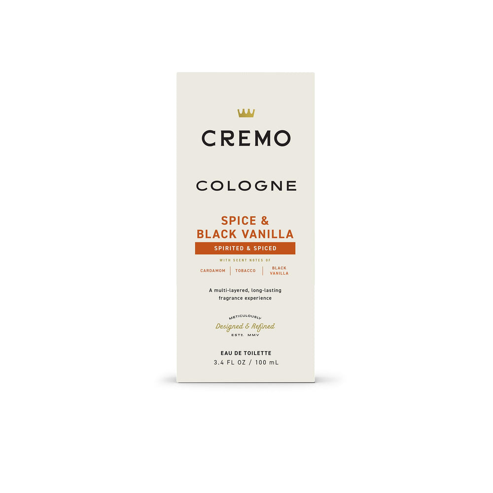 Side view of Cremo Spice & Black Vanilla bottle