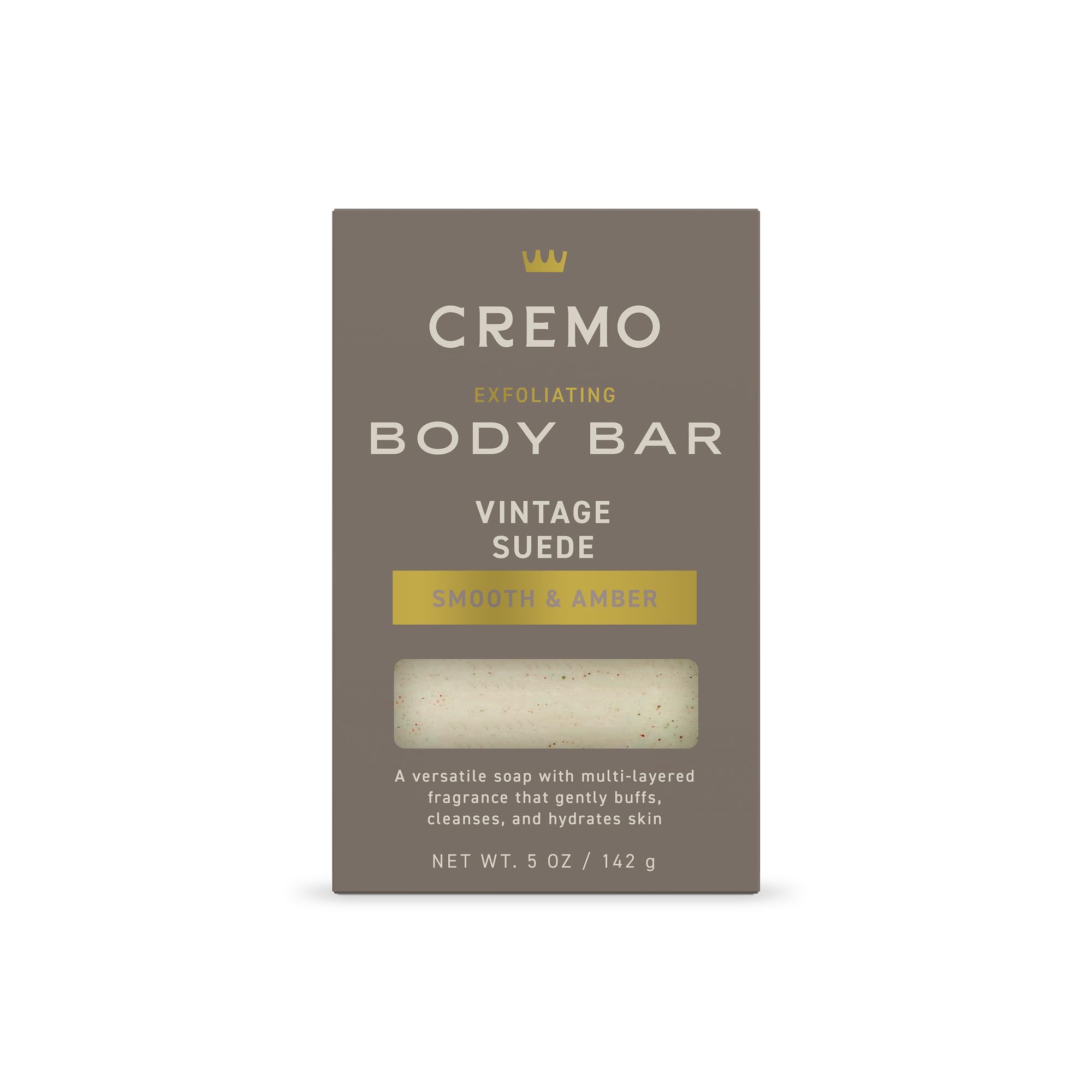 Cremo Vintage Suede body bar with lava rock closeup exfoliates for smoother skin.