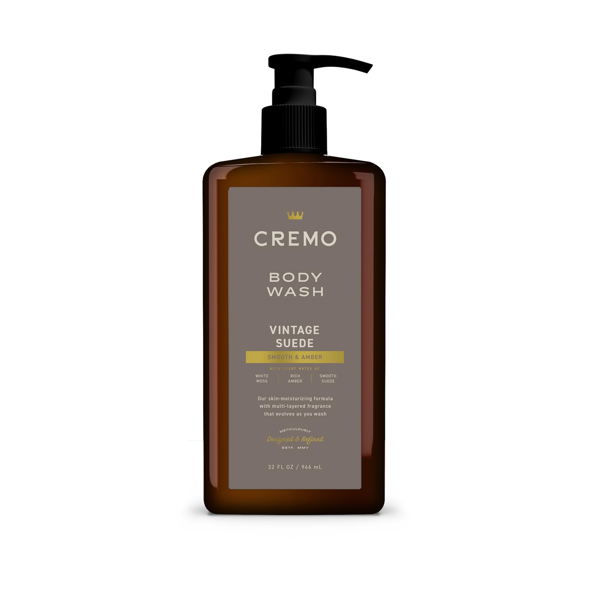 Cremo Vintage Suede: botella con dispensador para duchas diarias.