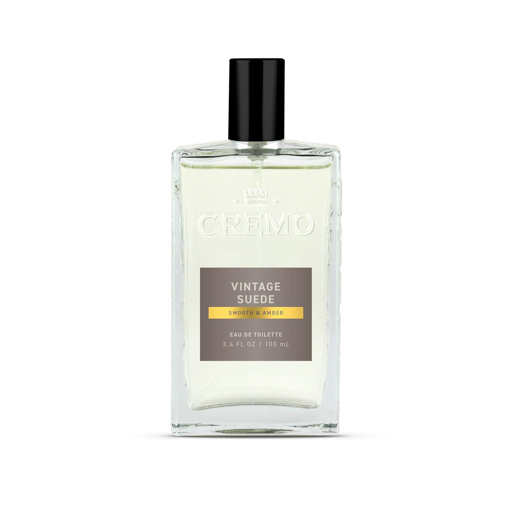 Cremo Vintage Suede bottle pour highlights layered fragrance for daily wear.