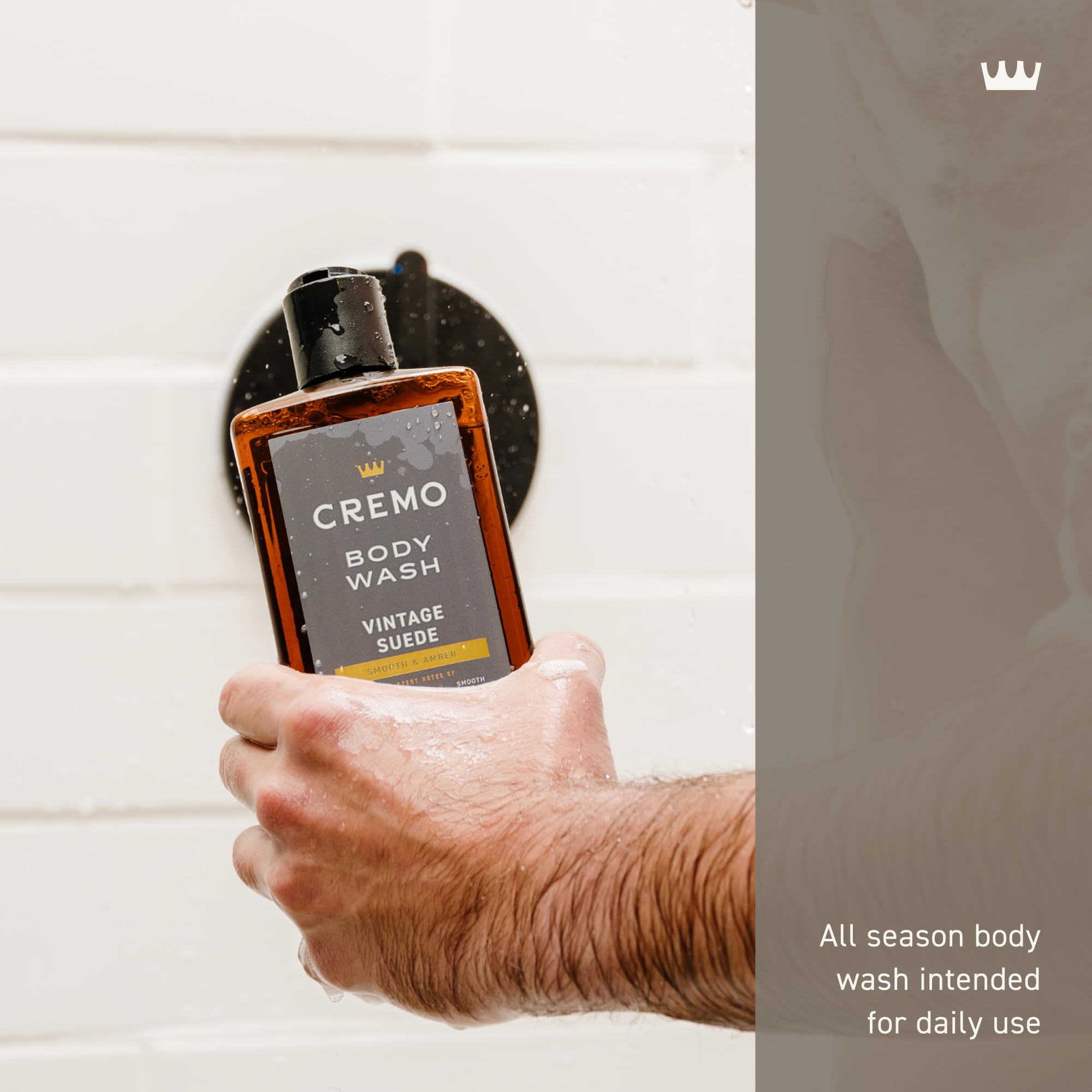 Presentación de 32 oz de Cremo Vintage Suede para mayor valor.