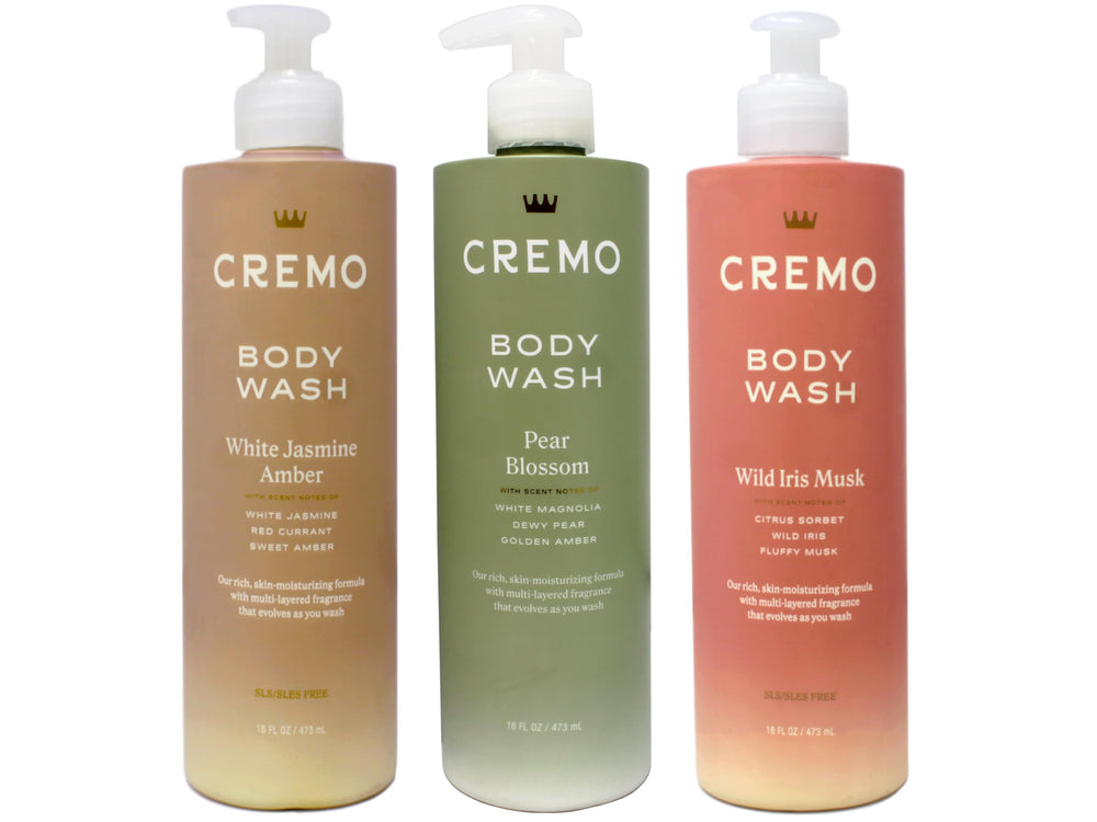 Cremo White Jasmine Amber bottle close-up, showcasing a premium scent and moisturizing formula.