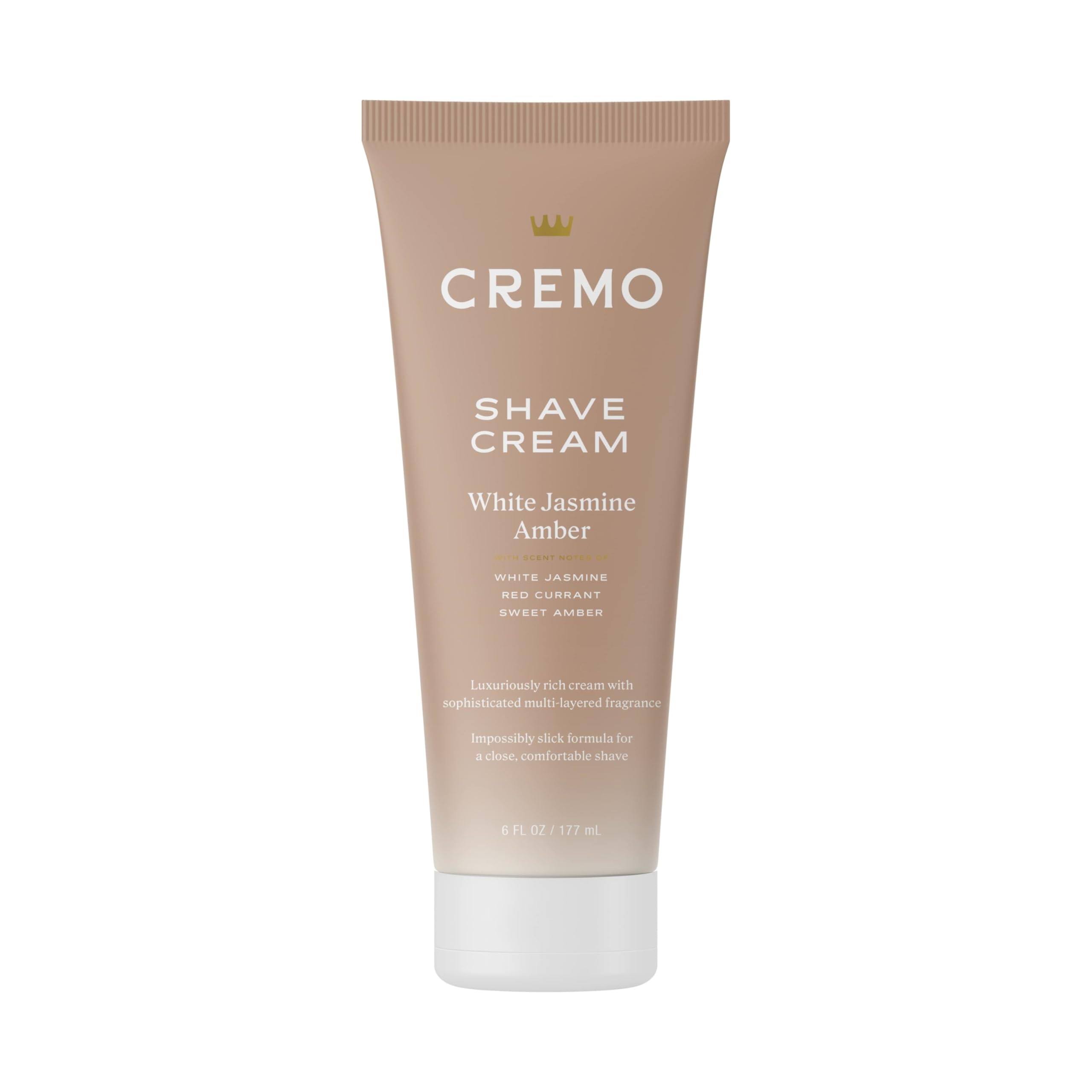 Cremo Women's Shaving Cream bottle with amber jasmine scent enhances smooth, irritation-free shaving.