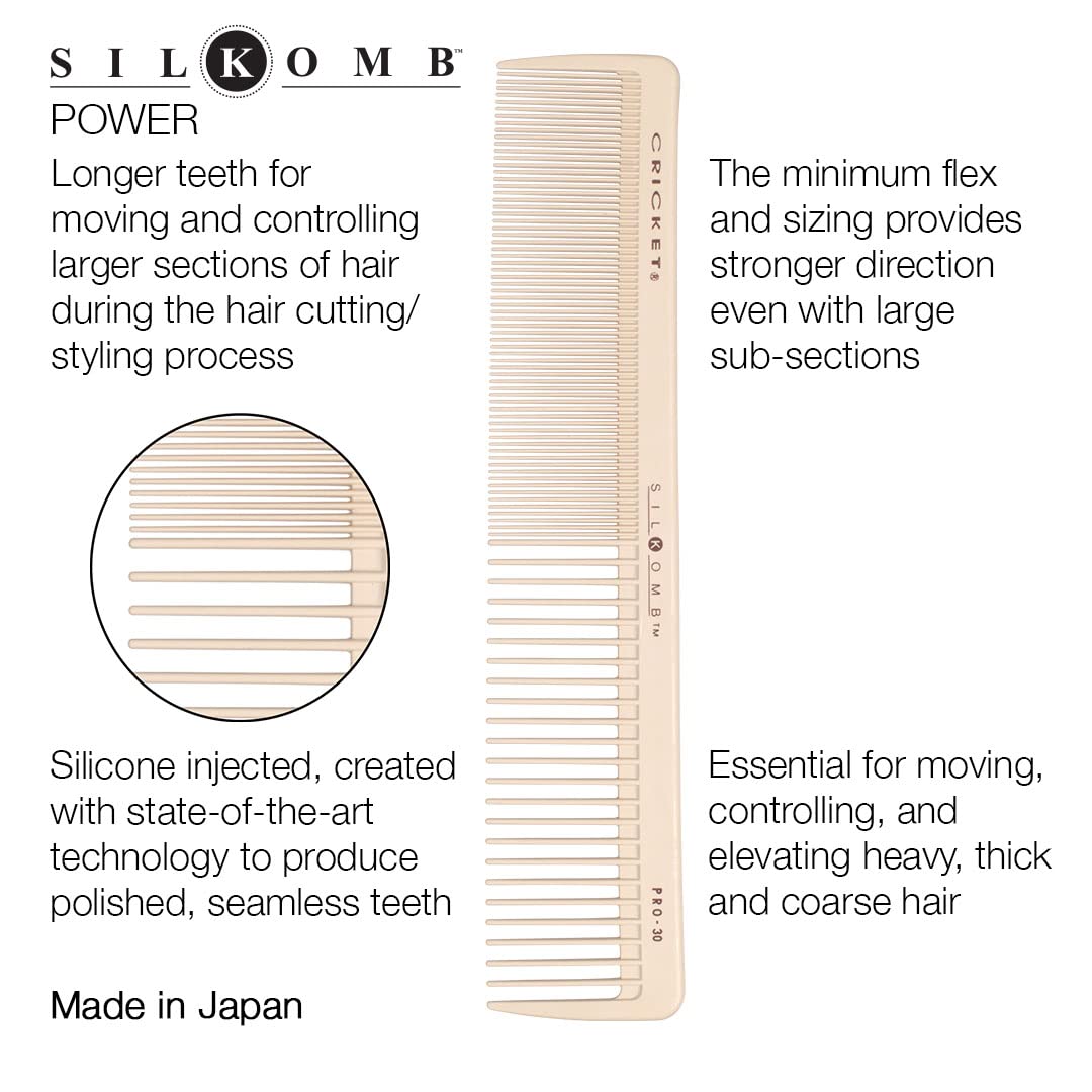 Cricket Silkomb Pro-30 Power Comb seamless teeth close-up for snag-free styling.