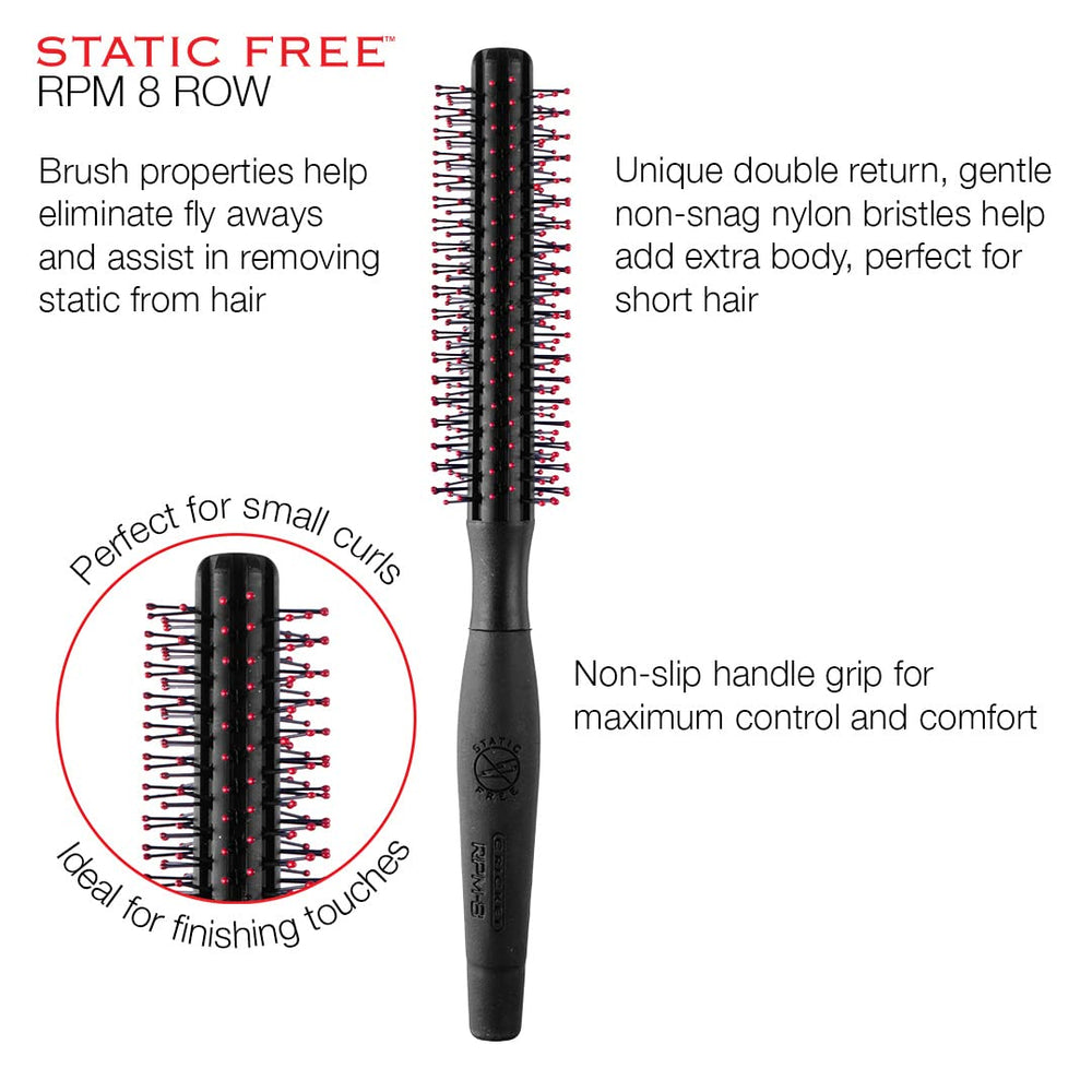 Cricket Static Free RPM 8-Row Round Brush non-snag bristles glide through hair.