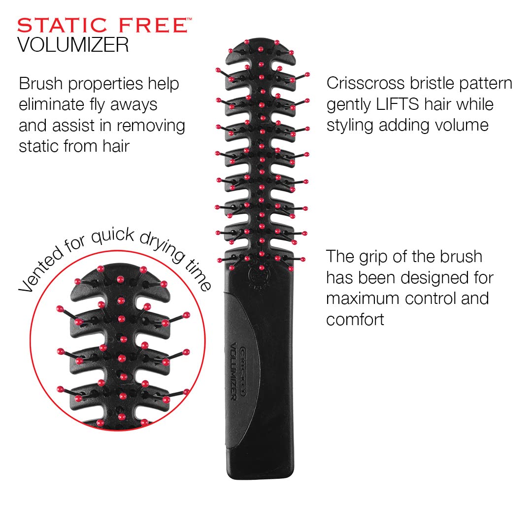 Cricket Static Free Volumizer Brush vented design speeds drying for faster styling.