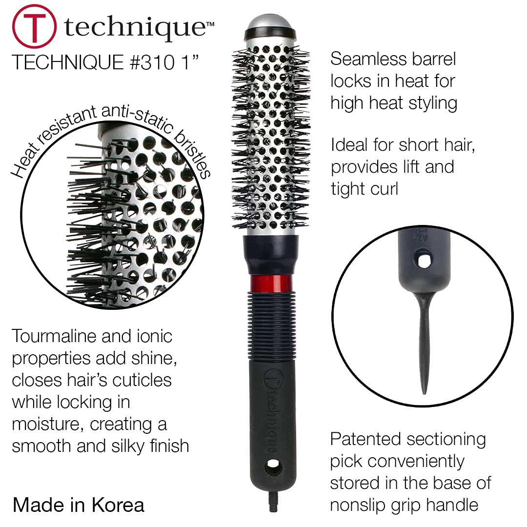 CRICKET Technique 310 1” thermal brush with tourmaline-ionic bristles for smoother hair.