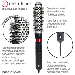 CRICKET Technique 310 1” thermal brush with tourmaline-ionic bristles for smoother hair.
