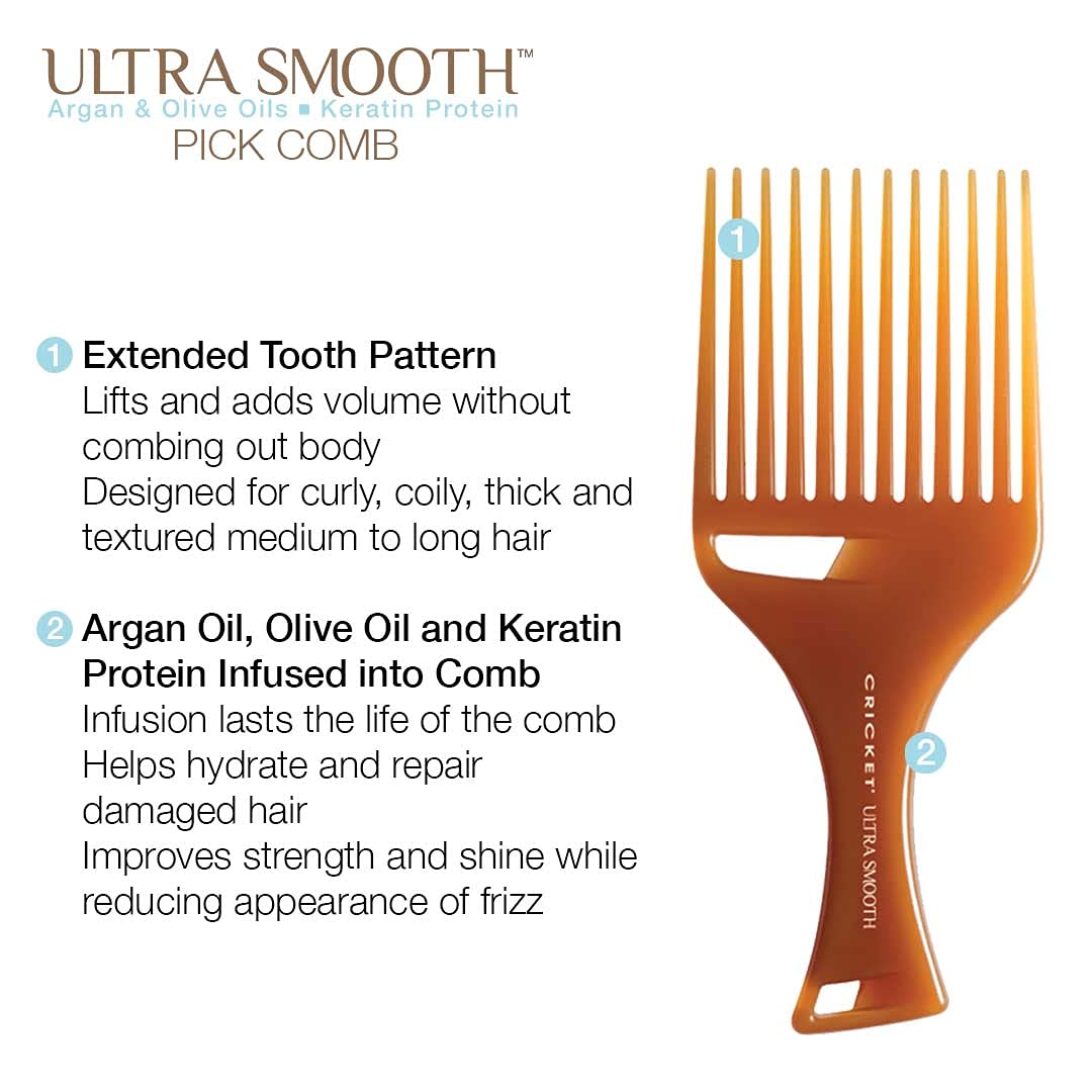 Cricket Ultra Smooth Hair Pick argan olive keratin infusion adds shine and frizz control.
