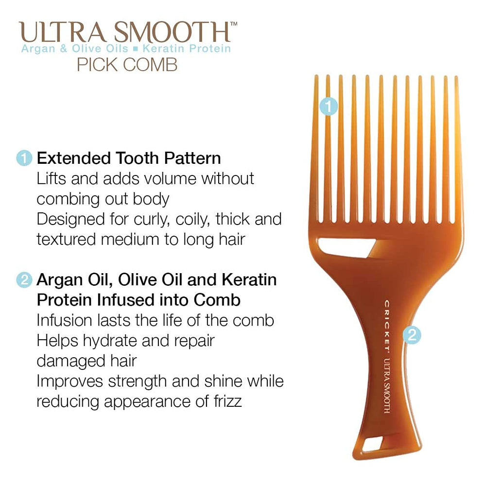 Cricket Ultra Smooth Hair Pick argan olive keratin infusion adds shine and frizz control.