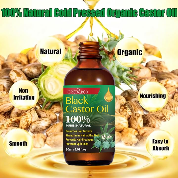 CRISTALBOX Aceite de ricino jamaicano negro, aplicación en pelo para nutrición y brillo.