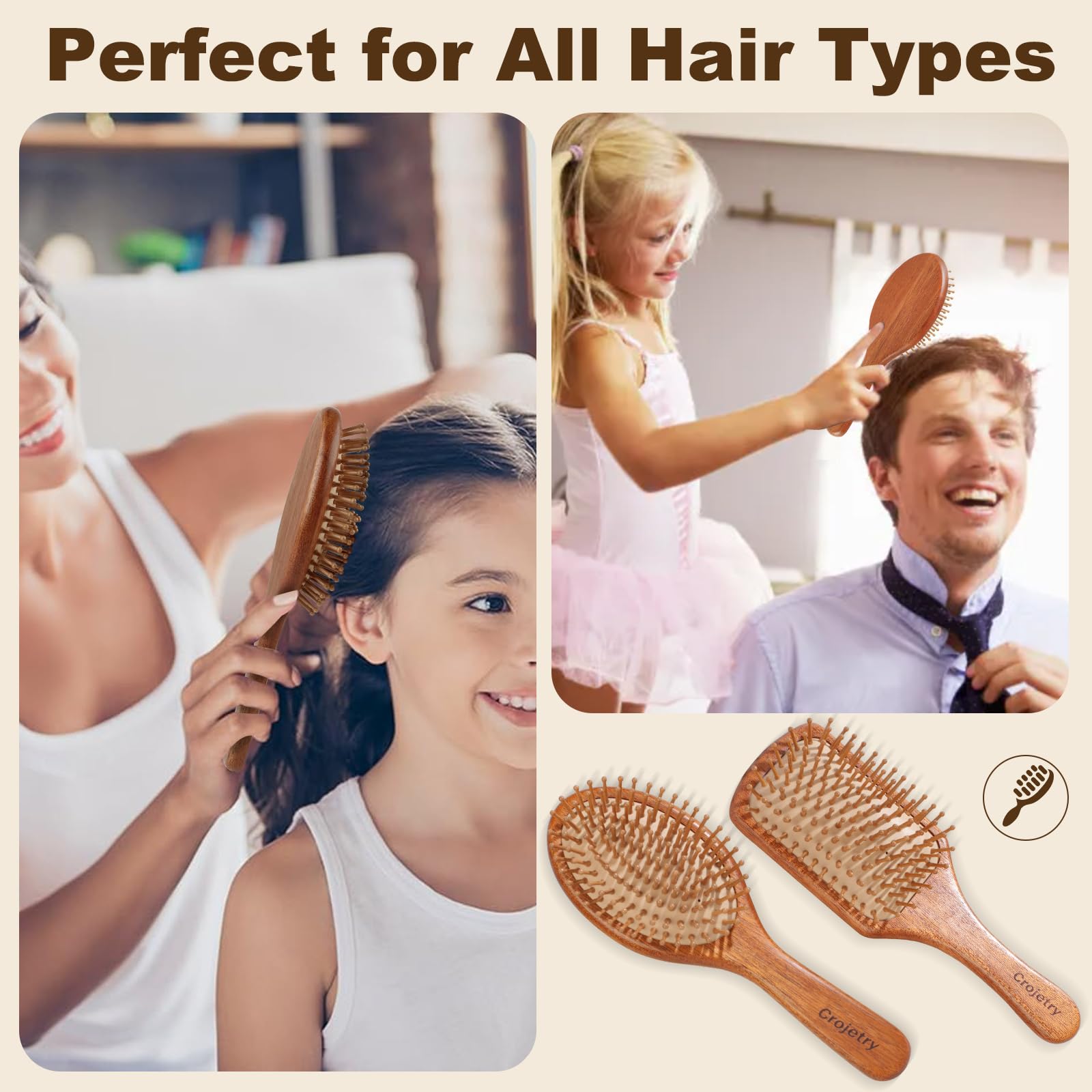Crojetry wooden handle ergonomic brush designed for comfortable styling