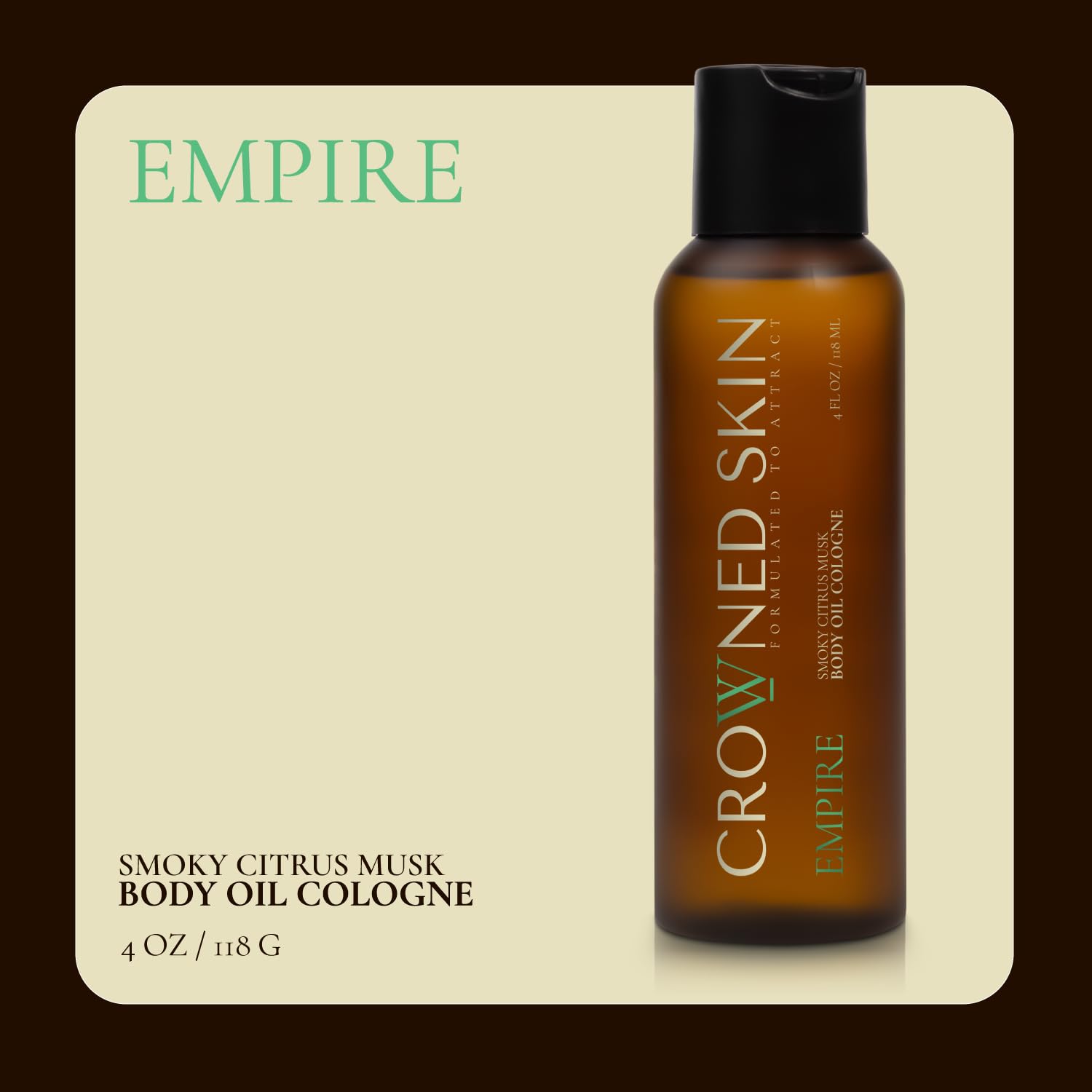 Crowned Skin Empire Body Oil label highlighting lemon and lavender notes and premium care