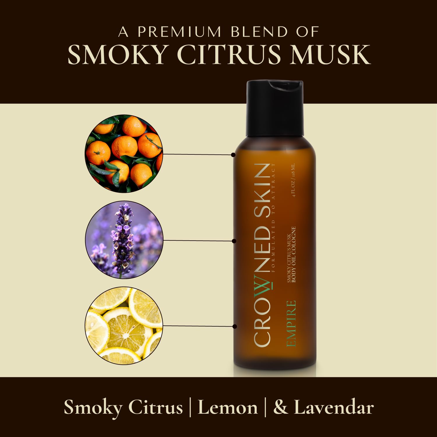 Crowned Skin Empire Body Oil scent swirl illustrating crisp lemon and calming lavender