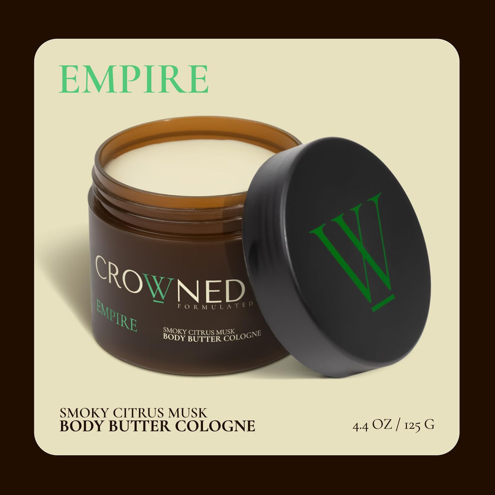Crowned Skin Empire bottle pour highlighting smoky citrus scent for all-day wear