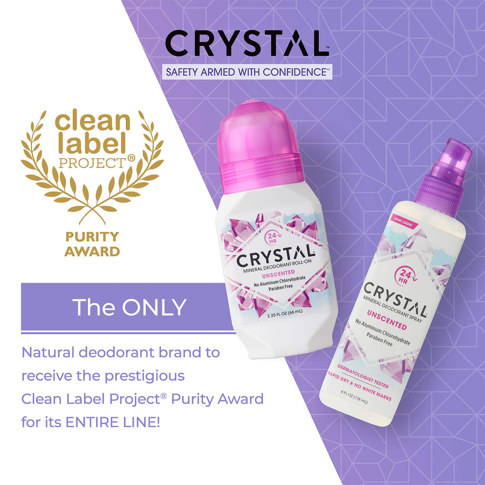 Crystal Essence aplicación roll-on en la piel, rápida y seca.